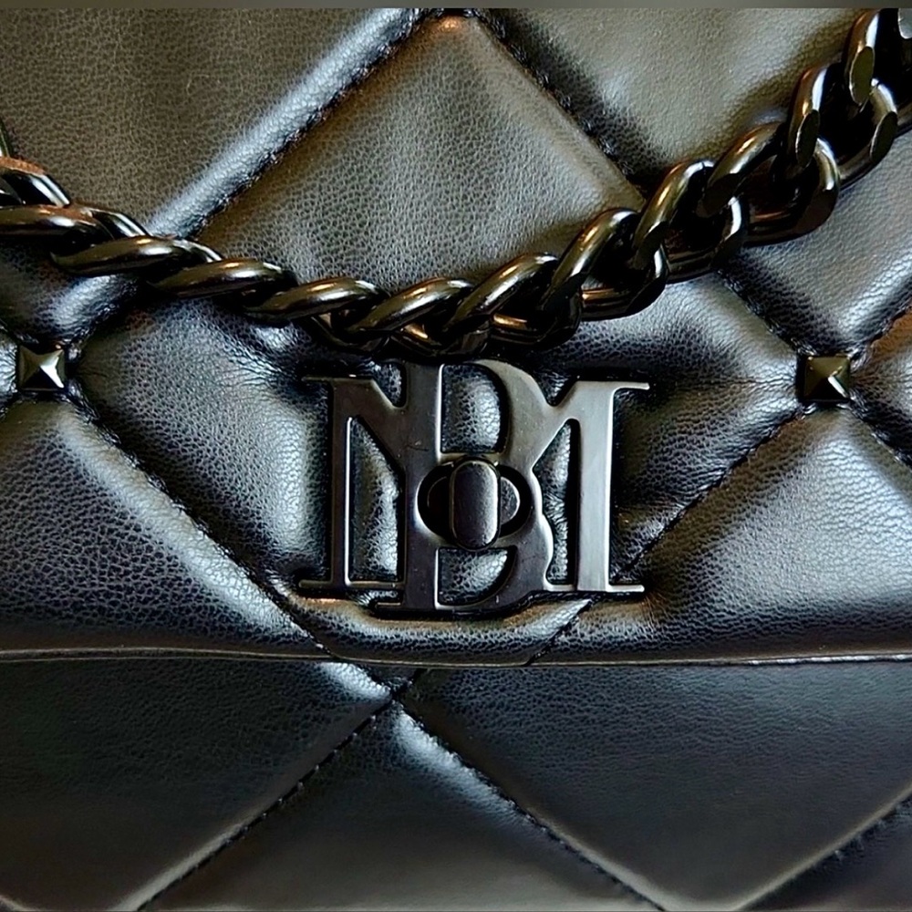 Badgley Mischka Quilted Black Vegan Leather Chain Shoulder Bag Studded Logo NWT!